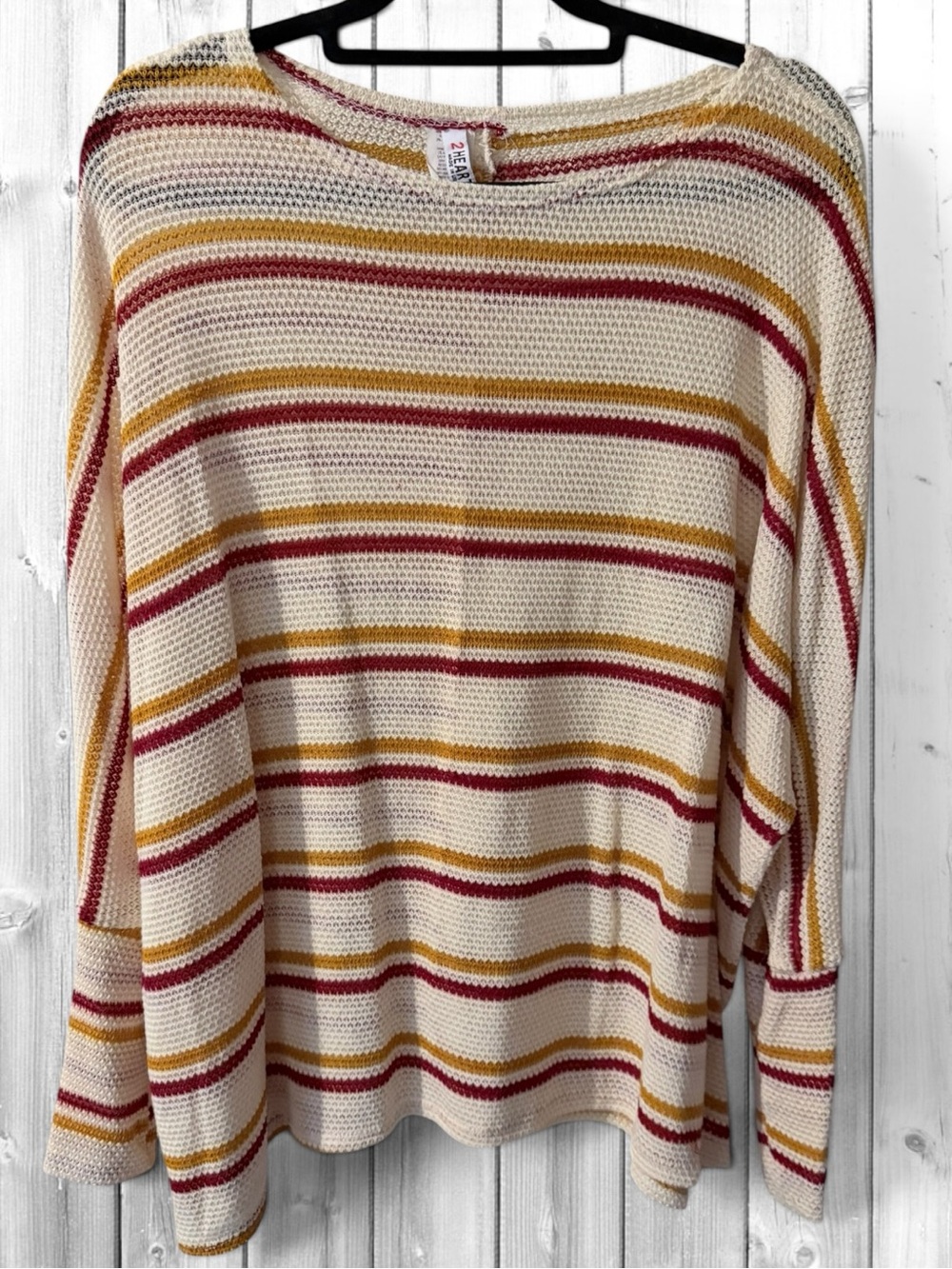 🌼2 Hearts Striped Cream Scoop-Neck Sweater with Mustard & Burgundy Accents